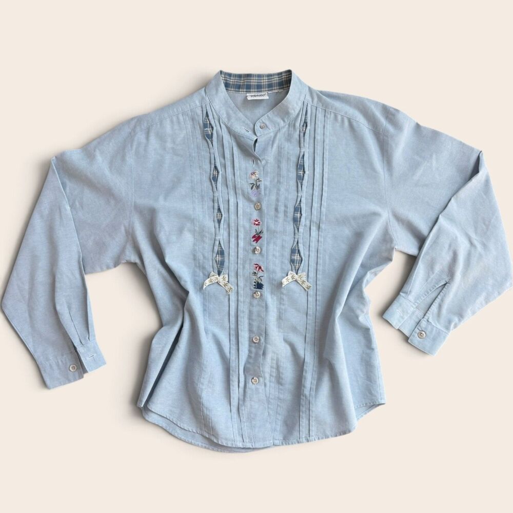 Napa Valley Blue Embroidered Shirt Plaid Pintuck Floral Cottagecore Blouse